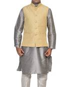 men's Sliver Kurta White Pyjami With New Gold Jacket