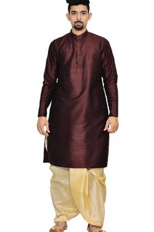 Men's Pink Violet Kurta Golden Dhoti
