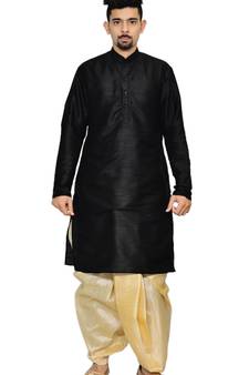 Men's Black Kurta Golden Dhoti