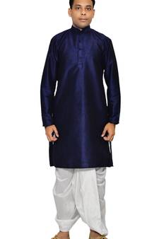 Men's Nevy Blue Kurta with White Dhoti