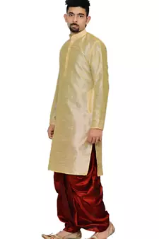 Men's Golden Kurta Red Dhoti