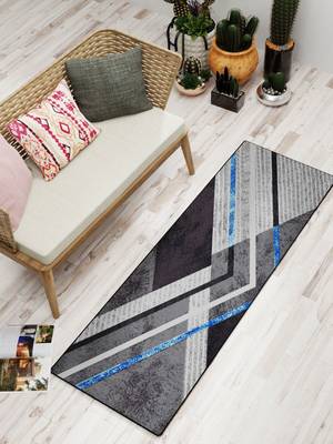 Printed Carpet Area Rug With Anti Slip Backing  1pc 2 X 5 Ft (matuzi) geo lines greyblue 1