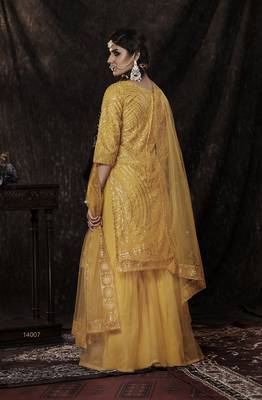 Mustard Sequins Embroidered Net Salwar Kameez For Partywear 2