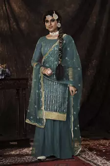Bewitching Dark firozi Sequins Embroidered Net Salwar Suit