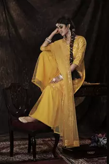 Mustard Sequins Embroidered Net Salwar Kameez For Partywear