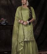 Delightful Parrot Green Sequins Embroidered Net Sharara Kameez