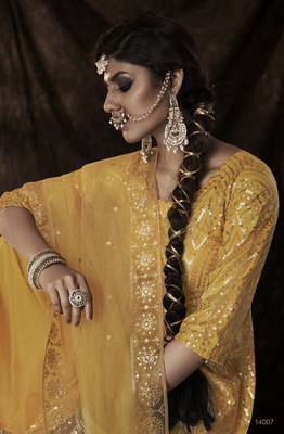 Mustard Sequins Embroidered Net Salwar Kameez For Partywear 4