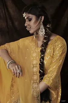Mustard Sequins Embroidered Net Salwar Kameez For Partywear