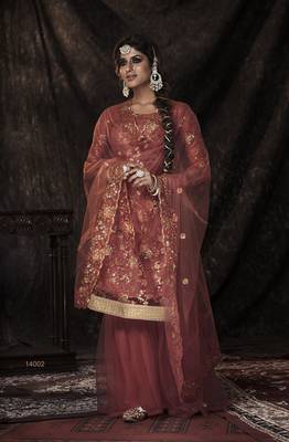 Mesmerizing Dark orange Sequins Embroidered Net Sharara Suit 1