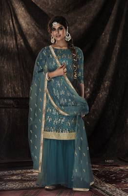  Dark Firozi Sequins Embroidered Net Salwar Suit 1