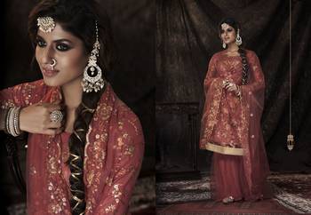 Mesmerizing Dark orange Sequins Embroidered Net Sharara Suit 4