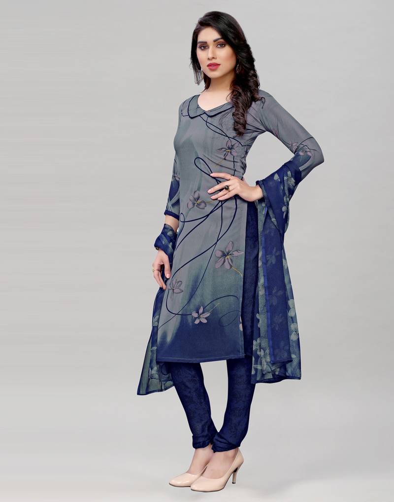Grey Printed Crepe Unstitched Women'S Dress Material