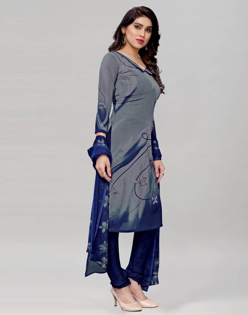 Grey Printed Crepe Unstitched Women'S Dress Material