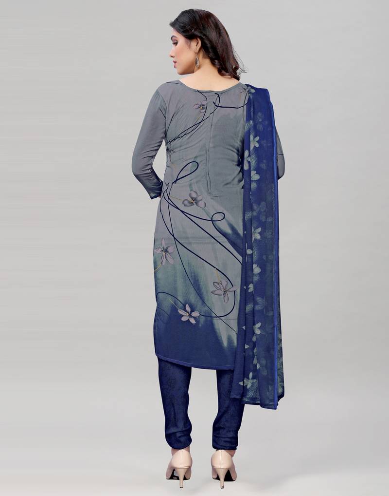Grey Printed Crepe Unstitched Women'S Dress Material