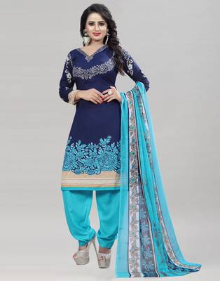 Nevy Blue Printed Crepe Unstitched Women'S Dress Material 1