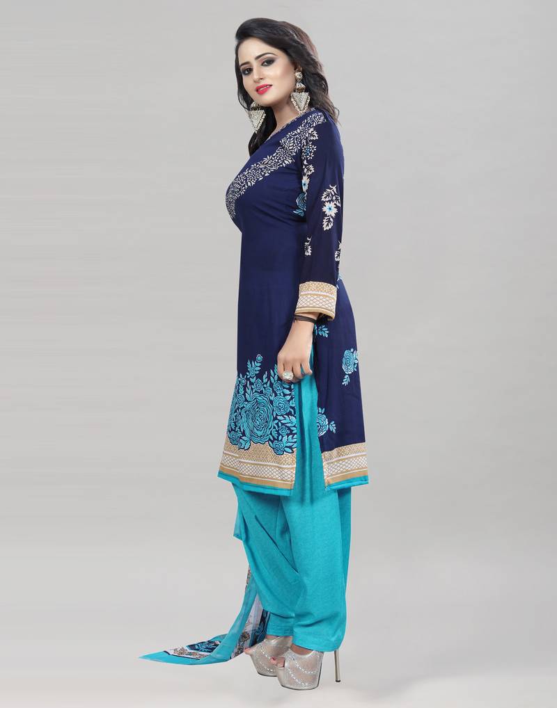 Nevy Blue Printed Crepe Unstitched Women'S Dress Material