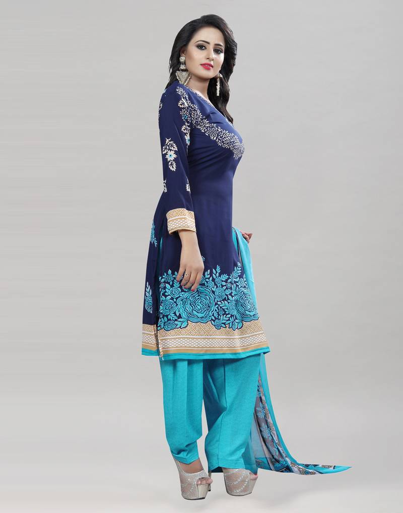 Nevy Blue Printed Crepe Unstitched Women'S Dress Material