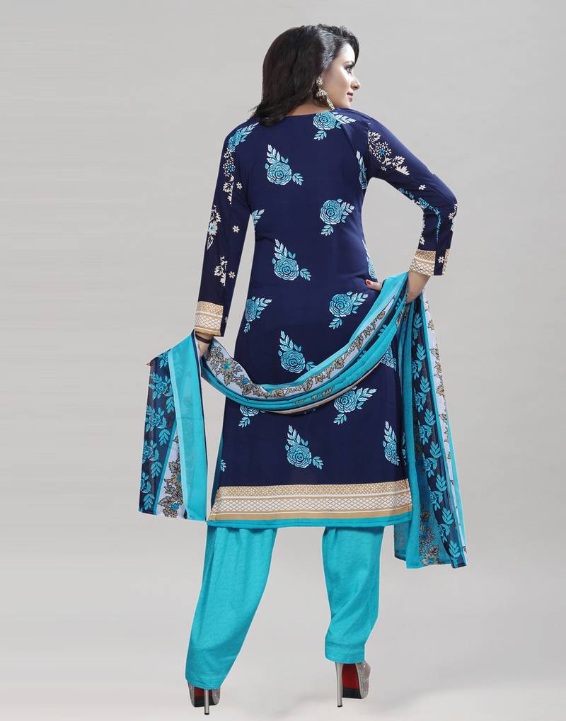 Nevy Blue Printed Crepe Unstitched Women'S Dress Material