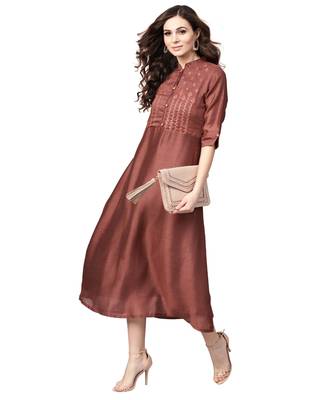 Indo Era Brown Embroidered A-Line Dresses 4