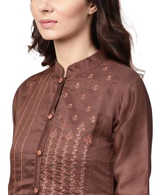 Indo Era Brown Embroidered A-Line Dresses 5