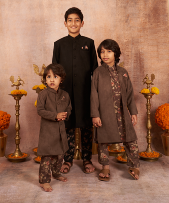 Suede Achkan With Floral Print Pajama 2