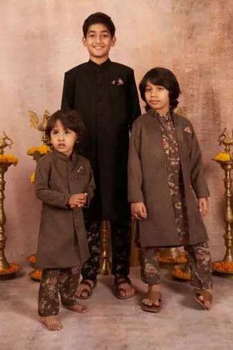 Suede Achkan With Floral Print Pajama