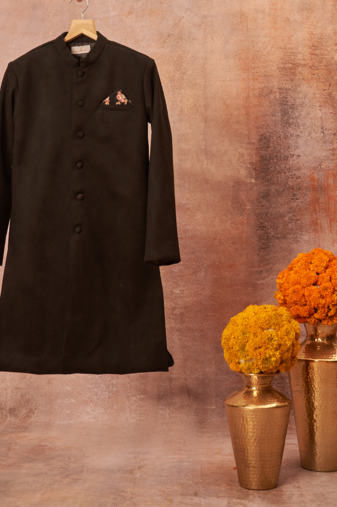 Suede Achkan With Floral Print Pajama