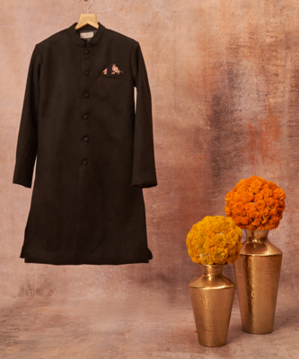 Suede Achkan With Floral Print Pajama 1