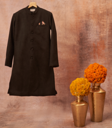 Suede Achkan With Floral Print Pajama