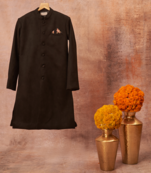 Suede Achkan With Floral Print Pajama