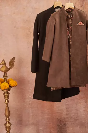 Suede Achkan With Floral Print Pajama