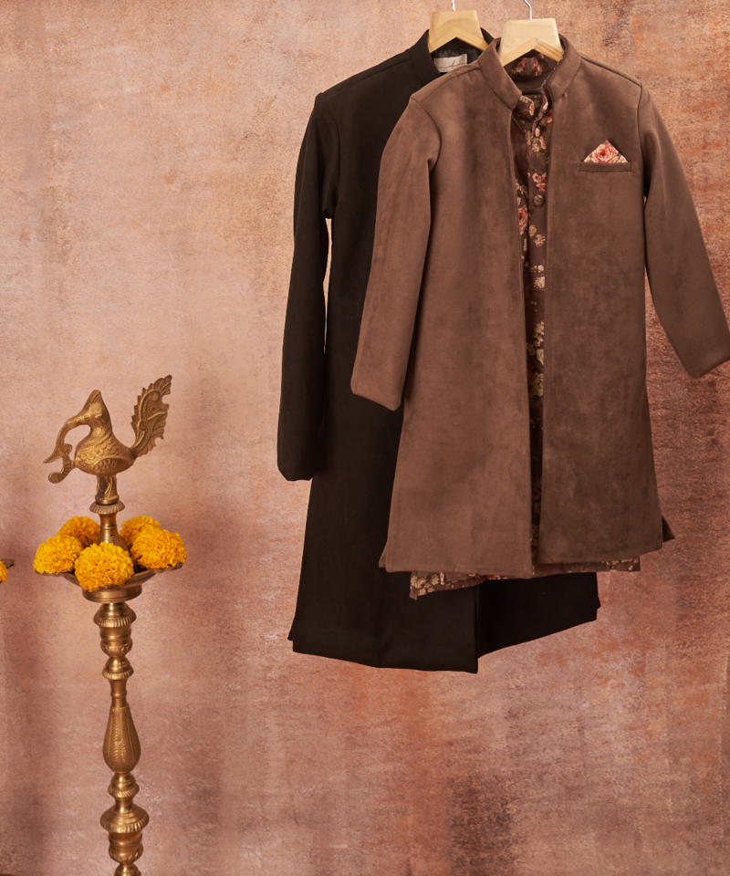 Suede Achkan With Floral Print Pajama