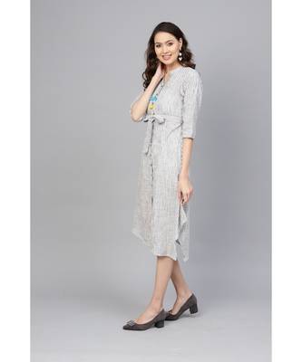 Indo Era Grey Striped A-Line Dresses 1