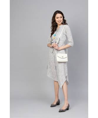 Indo Era Grey Striped A-Line Dresses 3