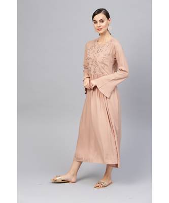 Indo Era Brown Embroidered Fit & Flared Dresses 1