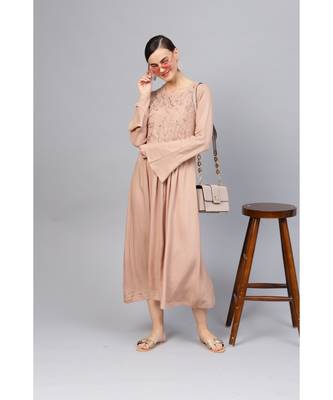 Indo Era Brown Embroidered Fit & Flared Dresses 4