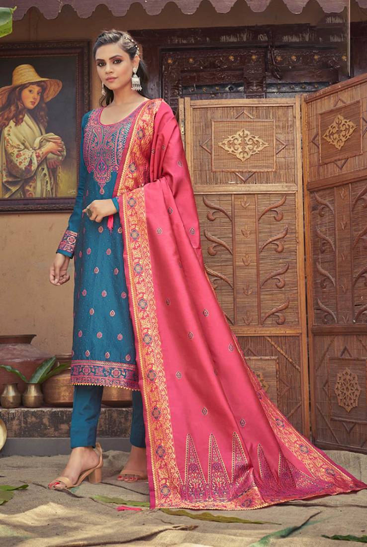 Aqua-blue woven banarasi salwar
