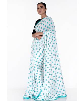 green polka dot boby print chiffon saree with green satin border 1