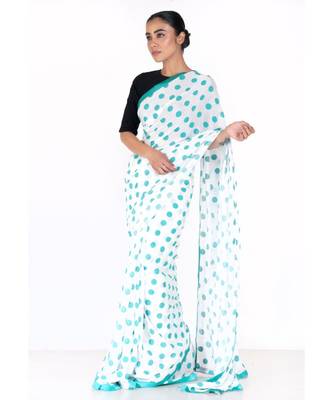 green polka dot boby print chiffon saree with green satin border 2