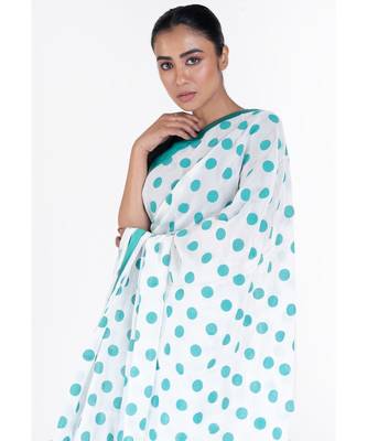 green polka dot boby print chiffon saree with green satin border 3