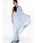 blue polka dot boby print chiffon saree with blue satin border