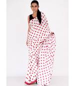 red polka dot boby print chiffon saree with red satin border