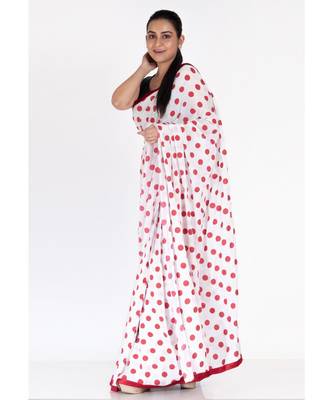red polka dot boby print chiffon saree with red satin border 2