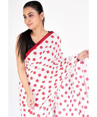 red polka dot boby print chiffon saree with red satin border 3