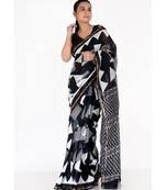 black and white cotton silk chanderi saree with clydescope print