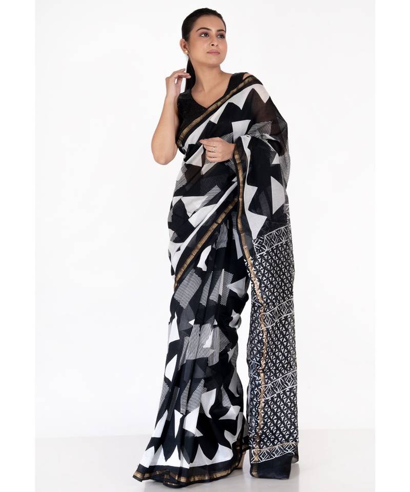 black and white cotton silk chanderi saree with clydescope print