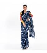 indigo cotton silk chanderi saree with flamingo print