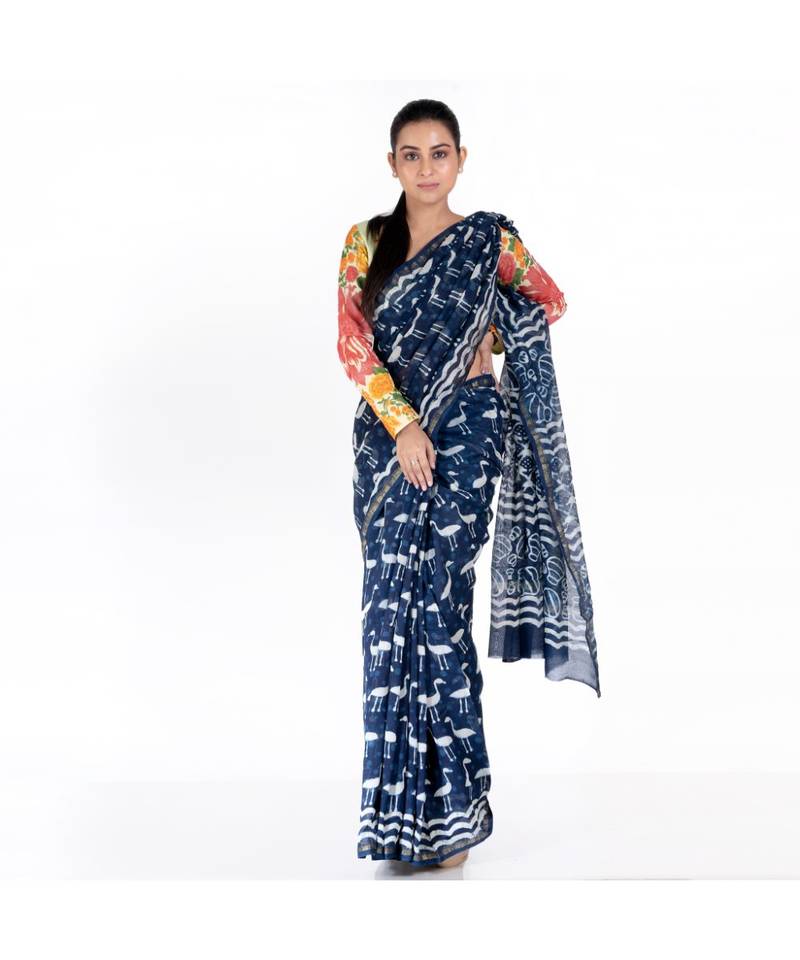 indigo cotton silk chanderi saree with flamingo print