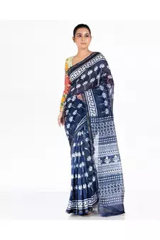indigo cotton silk chanderi saree with lilly print