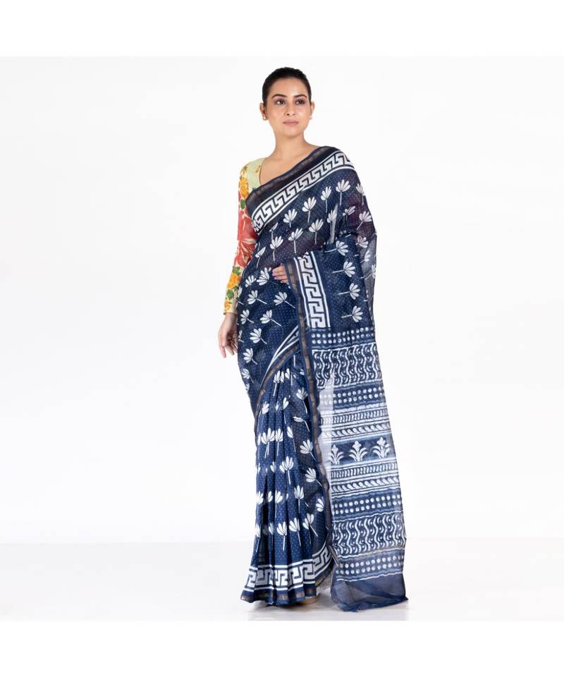indigo cotton silk chanderi saree with lilly print